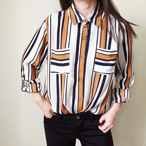 NWT mustard yellow stripe button  shirt - Picture 3 of 7